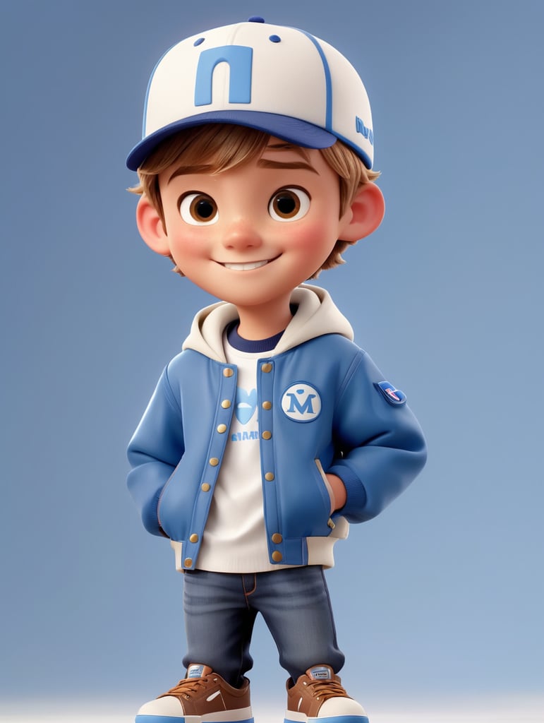 cartoon, Disney Pixar style, Max Moore, a boy with 20 yo, light brown hair, straight, short hair, pure smile, angelic look, wearing jeans, white t-shirt, blue jacket, black cap and brown sneakers