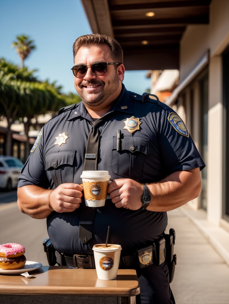 very fat cop with donut and cup of coffee, happy, sunglasses, image, portrait