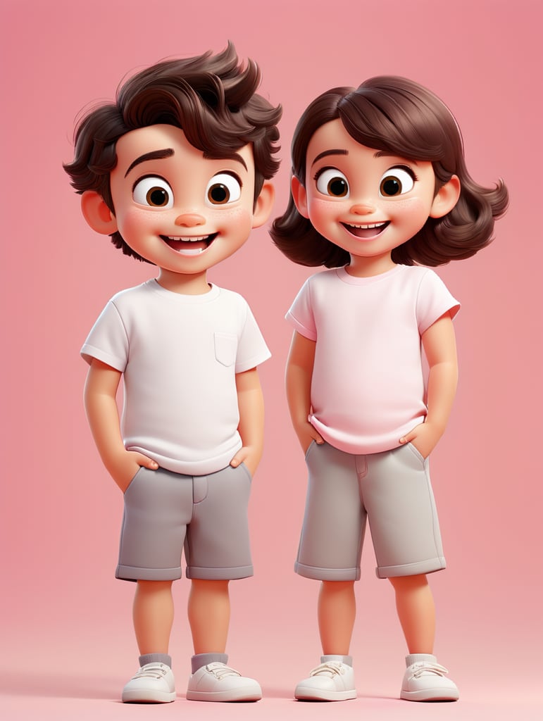 a Little boy and girl wearing white t-shirts, standing in front of pink background, blank shirts no print, 3 years old smiling toddlers, photo for apparel mock-up