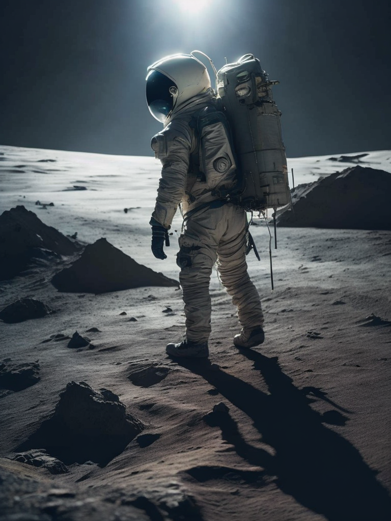 Astronaut walking on the surface of the moon with earth in the far distance