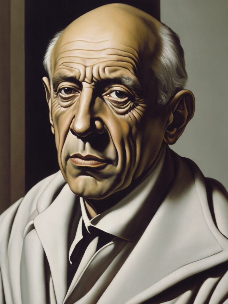A painting of a Pablo Picasso, aged Pablo Picasso in the art deco style of Tamara de Lempicka.