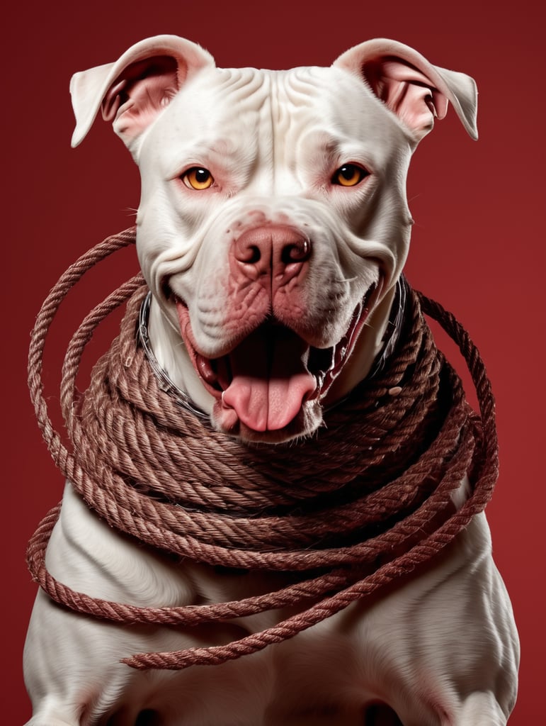 An angry pitbull dog model made of rope, garbage, and iron rods, A solid red background, sophisticate lines, style raw, stylize 750