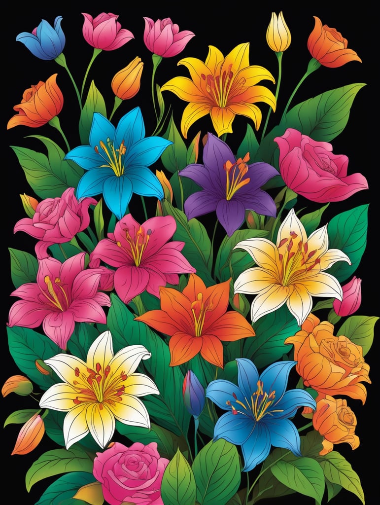 create a vivid colorful a4 size cover page for coloring book on flowers. Black background many colorful flowers make the cover bright and vivid where the flowers are overlapping each other, include roses lily's and other flowers on the cover page make the colours bright in two tone and let the colours pop