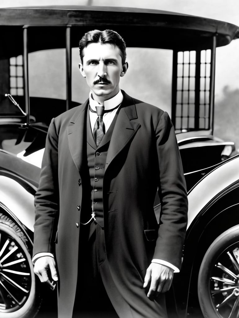 Nikola Tesla looks directly into the camera, with a Tesla car standing behind him.