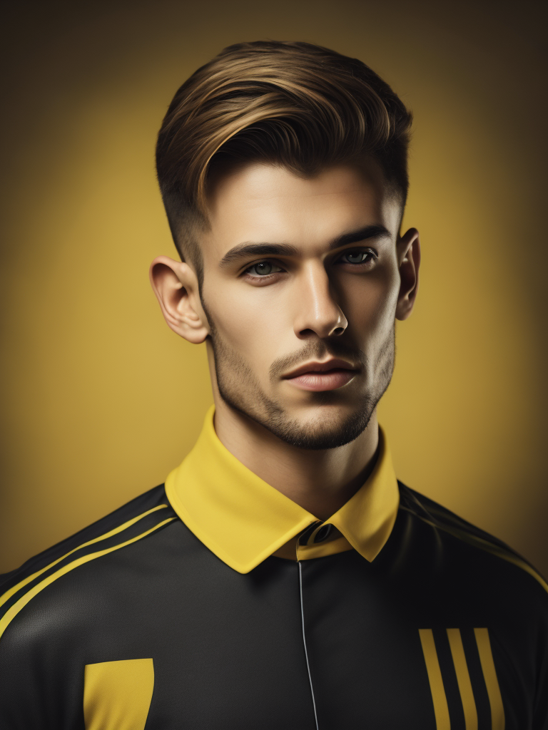 Portrait of soccer english player 1900, yellow and black shirt, fashion magazine illustration, sharp focus, Dramatic Lighting, Depth of field, blurred background
