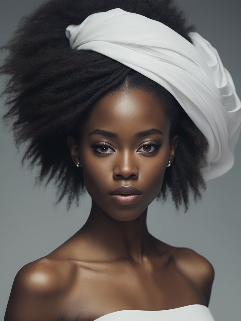 Portrait of a beautiful african american woman wearing a white wedding dress, by tran nguyen