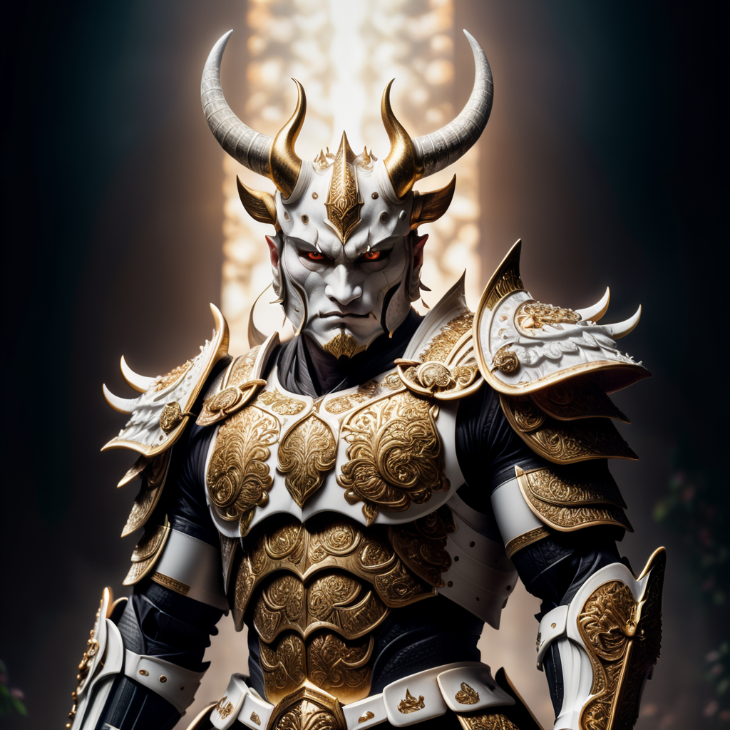 A Human with thick ram horns on his head in Celestial Guard white Samurai armor with a Katana