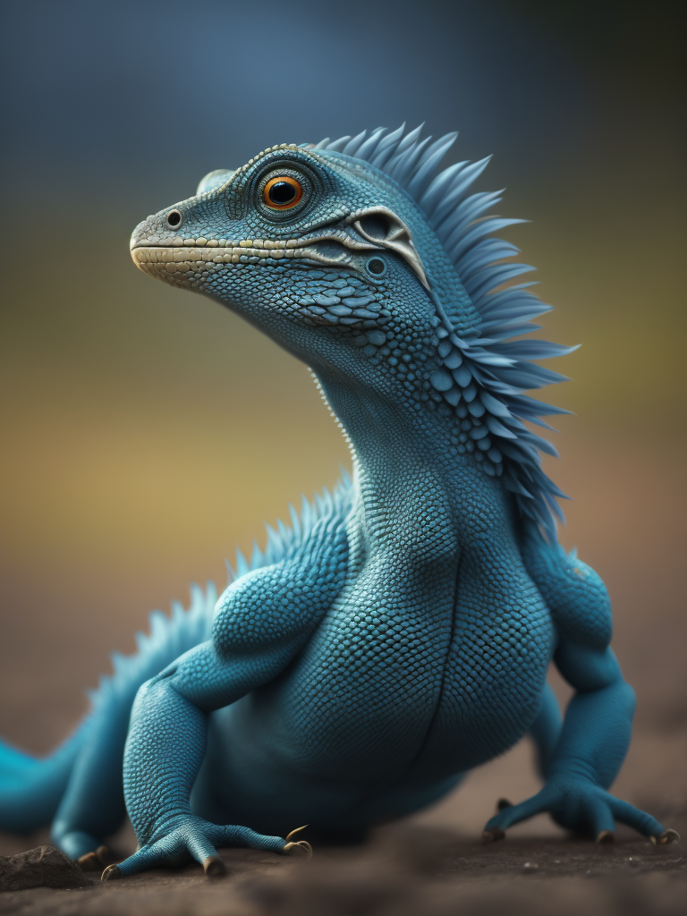 Blue feathered lizard, Vibrant colors, Depth of field, Incredibly high detail, Blurred background