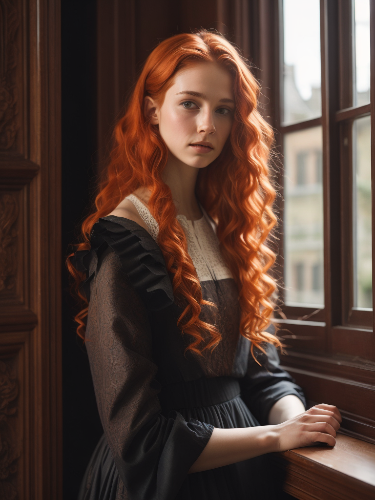 Portrait of a red-haired young girl in front of a window, vintage dress, 15th century, painting, oil, Italy, style of Sandro Botticelli, illustration,