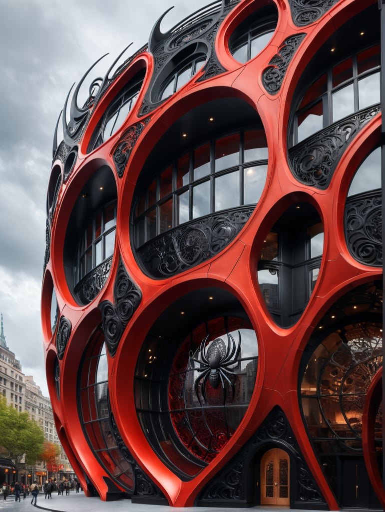 dream prompt: the craziest, bentwood, far view lens architectural modern style hyper realistic hyper detailed neocosmic exterior architecture design of a spider Fluid complex facade, geometric shapes spectrum, black::1 red:3, Antoine Blanchard architecture art style, in new york city, dramatic ambient, natural lighting, camera sony, 8k, --s1000 --style raw, you can imagine