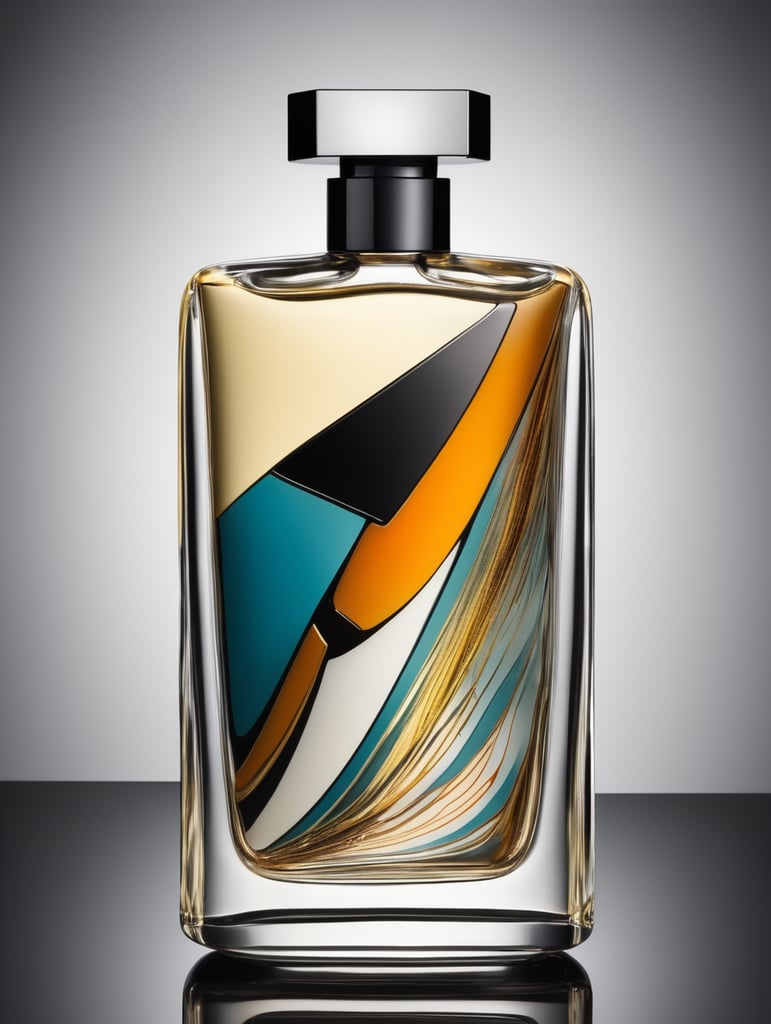 perfume bottle with a abstract look, Design a distinctive statement piece that draws attention to itself through bold use of size, shape, color and complexity.