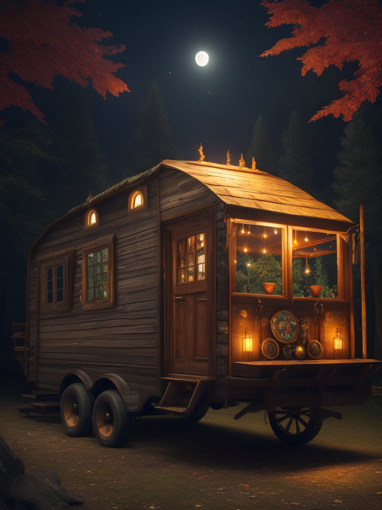 multicolored gypsy wagon in a forest with the full moon in the sky illuminating the wagon from the moon and the bonfire, more open plan