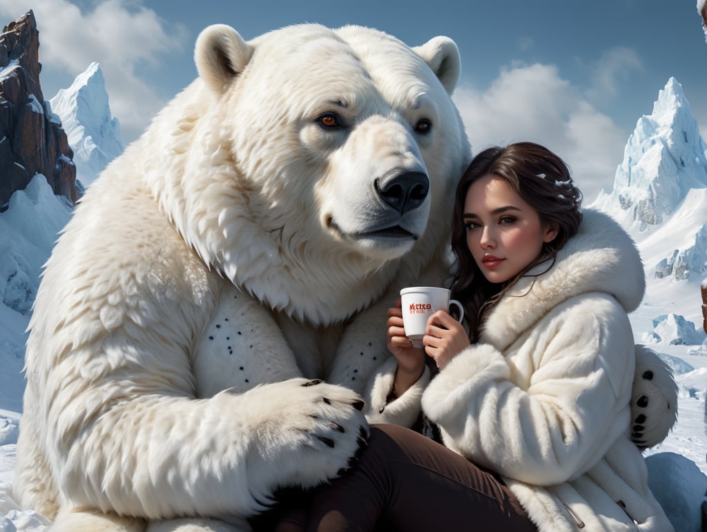 portrait of young woman with dark hair sitting drinking coffee from a cup, wearing a thick white fur coat, friendly polar bear sitting right next to her with his paw resting on her shoulder, polar location, ice and snow, cold environment, highly detailed