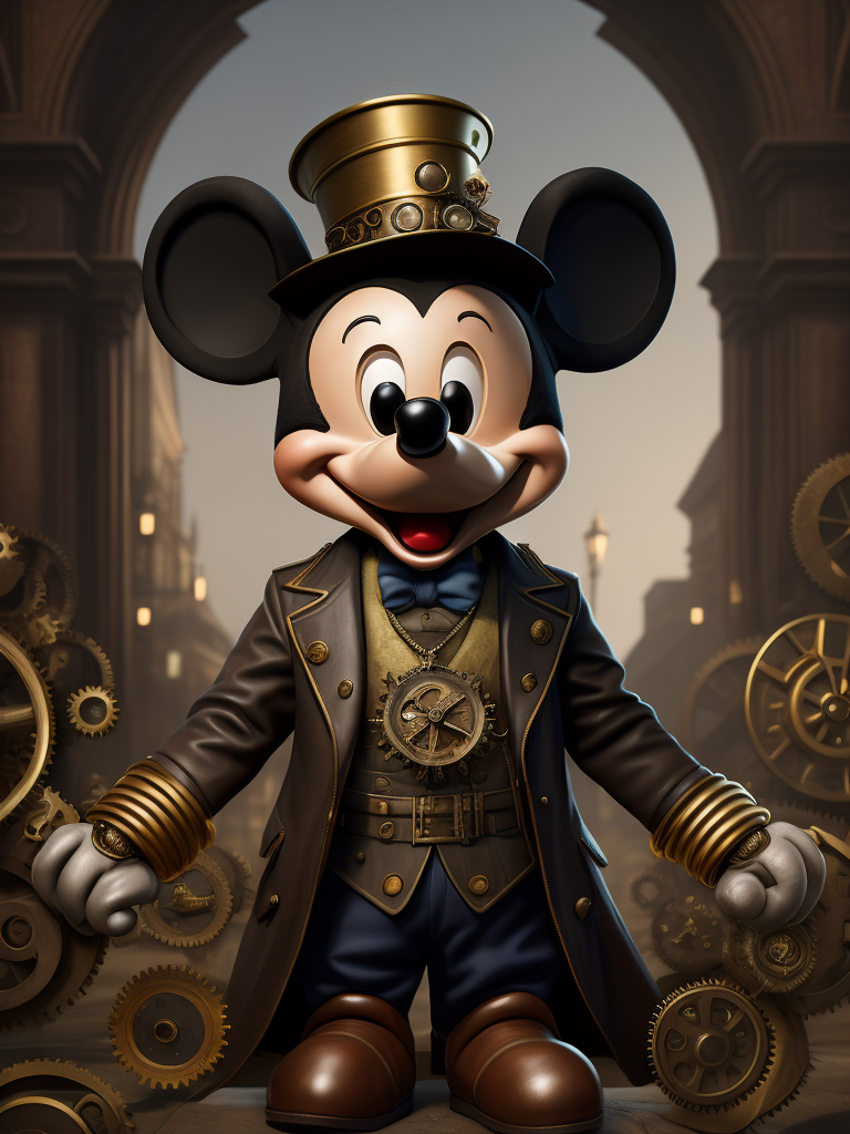 Portrait of Mickey Mouse in steampunk style, many brass and gears, extremely detailed vibrant, cinematic lights, hyper realistic, hyper detailed, photorealistic