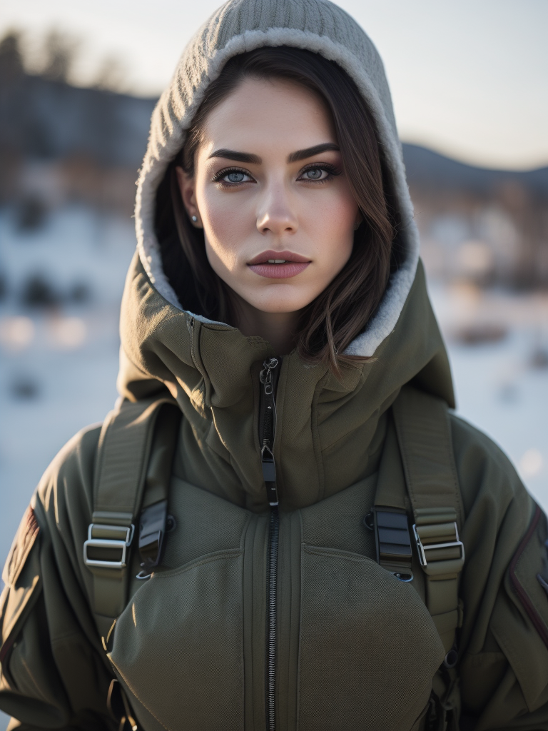 (photorealistic), beautiful lighting, best quality, realistic, full body portrait, real picture, intricate details, depth of field, 1girl, in a cold snowstorm, A very muscular solider girl with haircut, wearing winter camo military fatigues, camo plate carrier rig, combat gloves, (magazin pouches), (kneepads), highly-detailed, perfect face, blue eyes, lips, wide hips, small waist, tall, make up, tacticool, Fujifilm XT3, outdoors, bright day, Beautiful lighting, RAW photo, 8k uhd, film grain, ((bokeh))