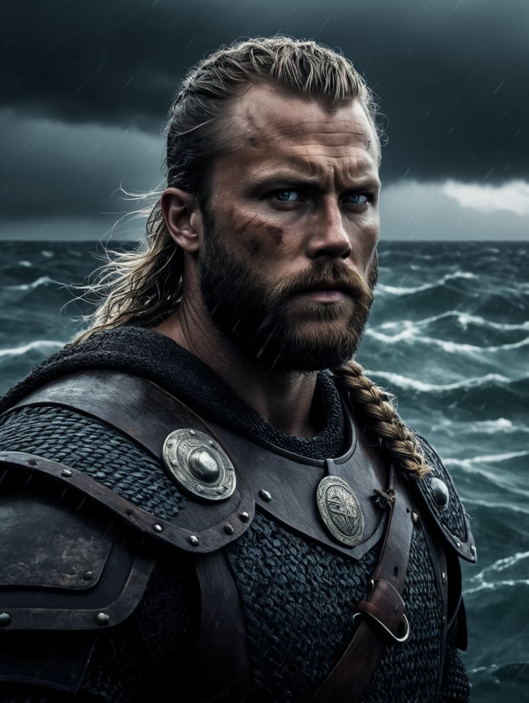 A portrait of viking warrior at the boat in the ocean, stormy weather