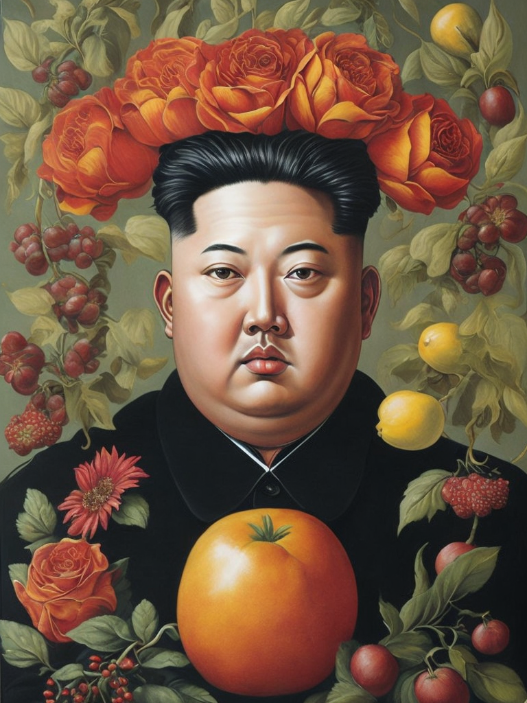 a painting of Kim Jong Un head surrounded by flowers and fruit, Painting, Oil, Still Life, Botanical, Italy, style of Giuseppe Arcimboldo