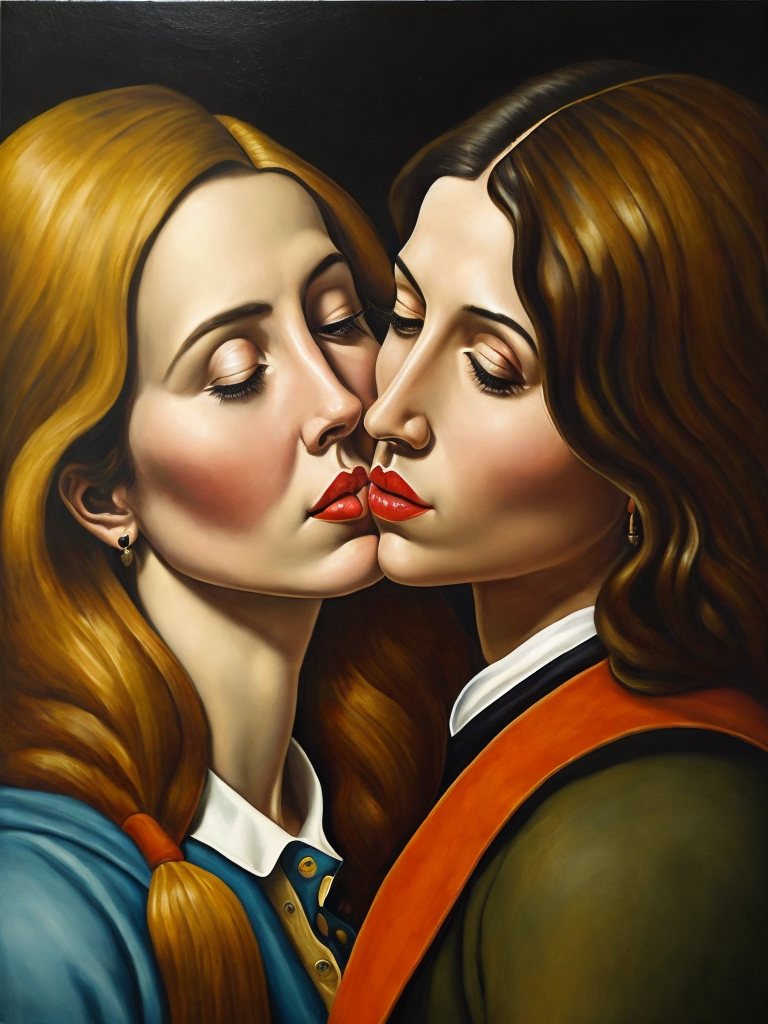 a two women kissing, style of Catherine Nolin, Painting, Acrylic, Oil, Portrait, Interior, USA