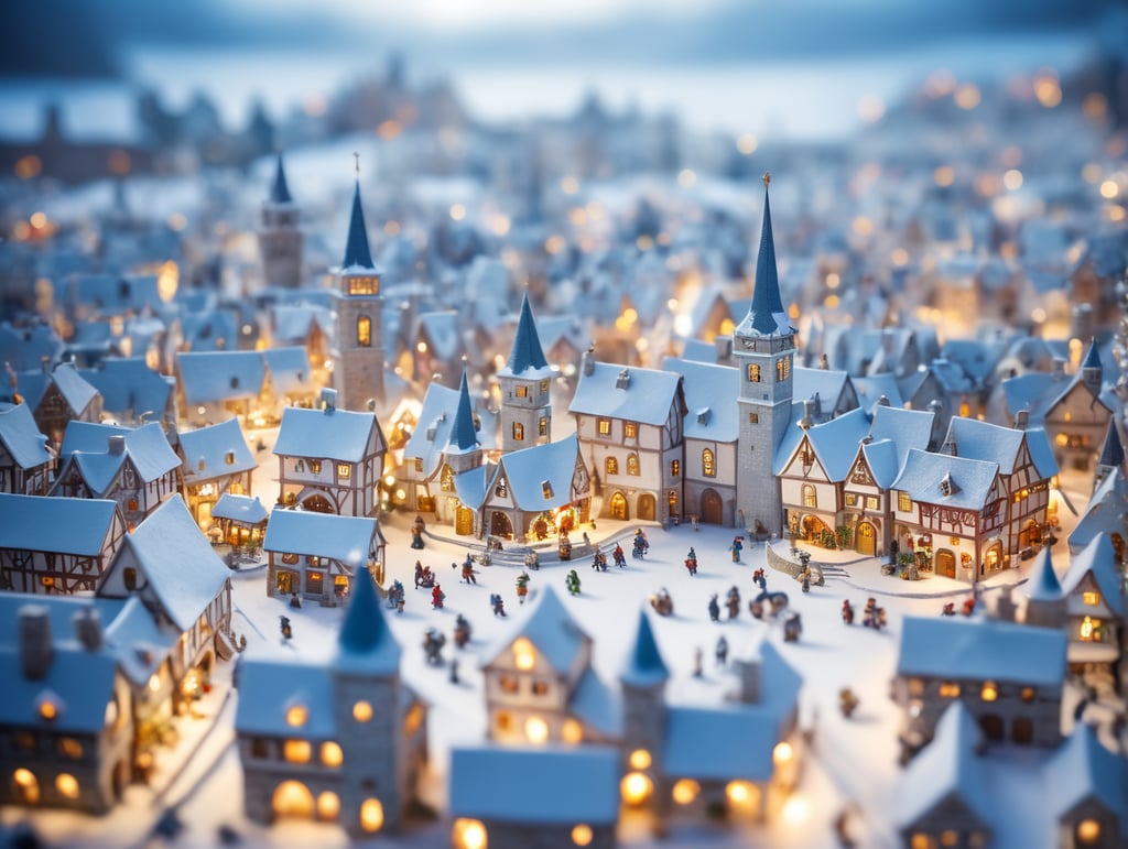 tilt shift photography of a Christmas medieval fantasy miniature city, depth of view, sunny, at night, snowy weather