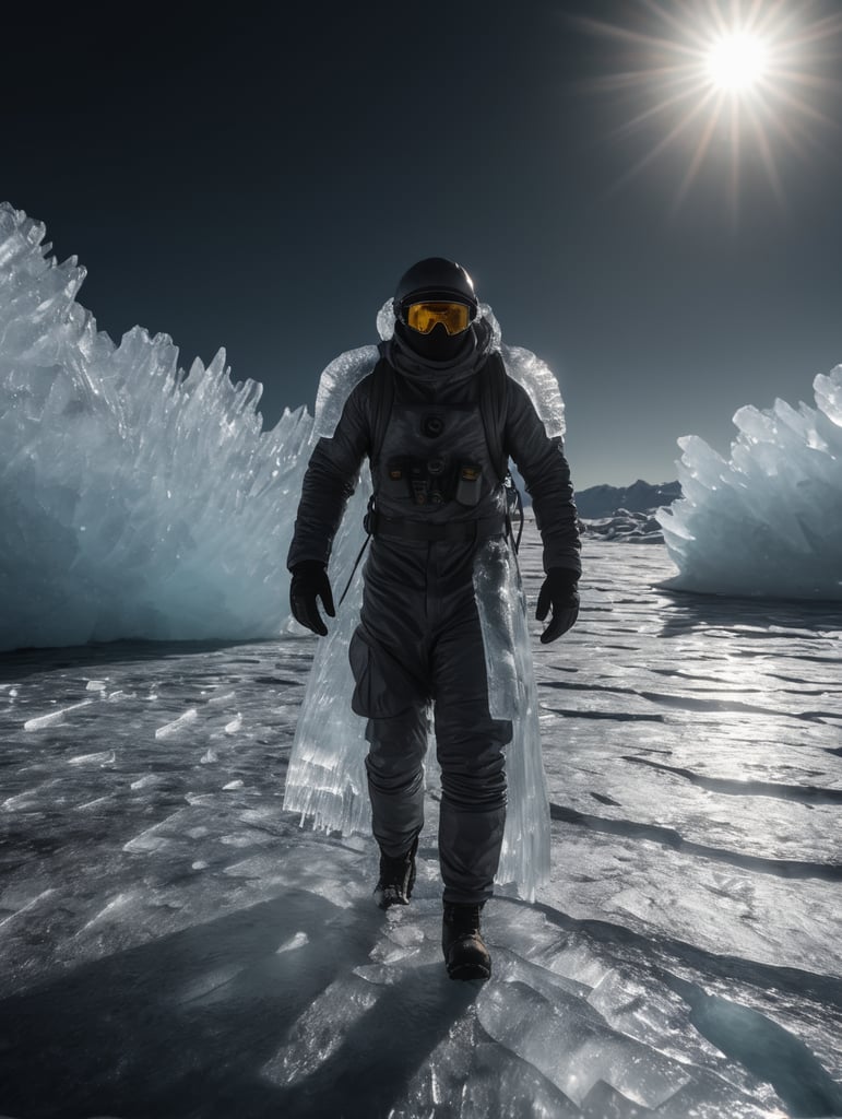 Translucent man made from the ice, walking on the surface of the sun