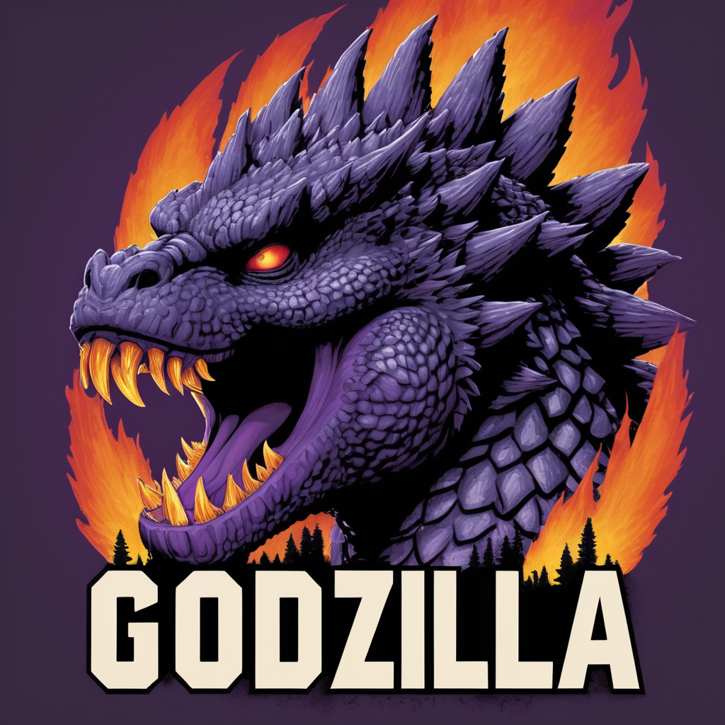 A logotype of the Godzilla movie franchise. The logotype features the Godzilla showing biceps with fire coming out of its mouth. The text "Godzilla" is written in bold, capital letters below the Godzilla head. The background is dark purple.