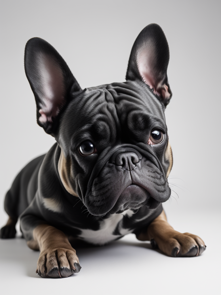 French Bulldog dog lying on back smiling on whithe background (limbo white) (((white background)))