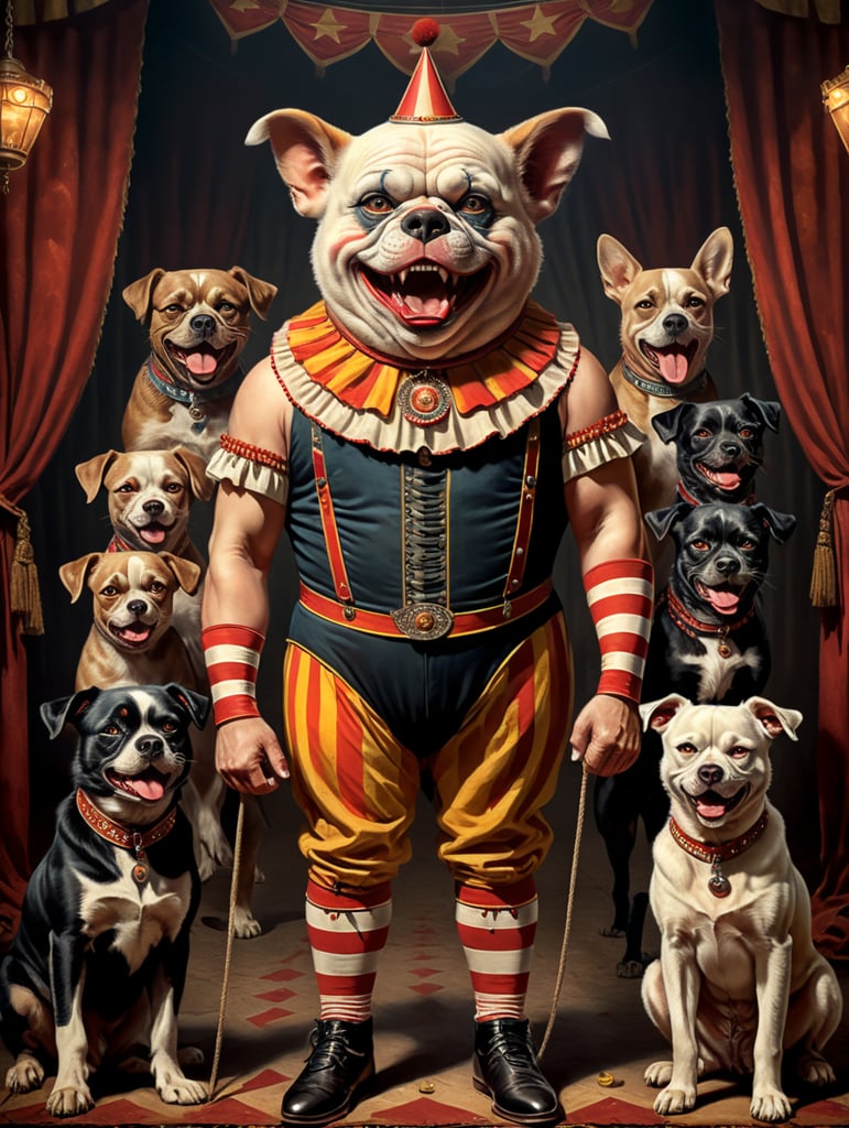 Vintage style circus sideshow poster of a full body anthropomorphic Scary midget with dogs head