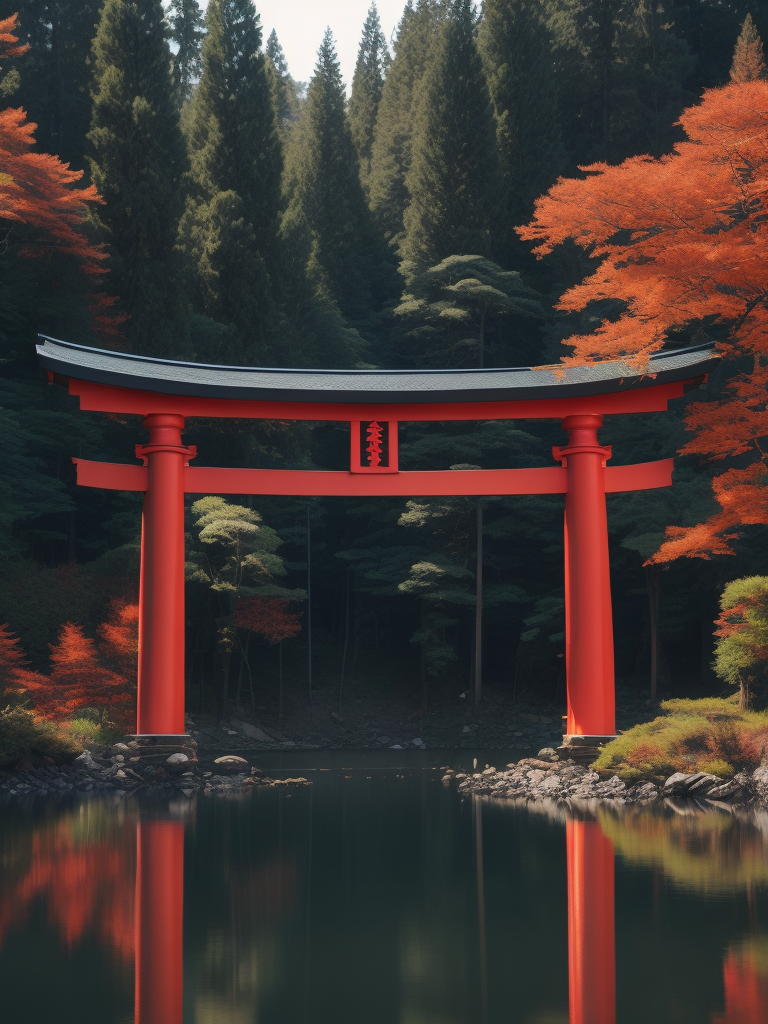 Red torii gate in middle of a lake, Dense forest on the edge of the lake, Bright and saturated colors, Japanese culture, photorealistic, contrast light