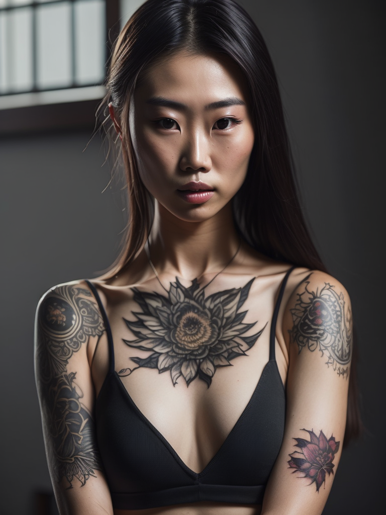 Young beautiful female Korean tattoo model, cute tattoo over whole body, hyperrealistic, photorealistic, masterpiece, award winning photography