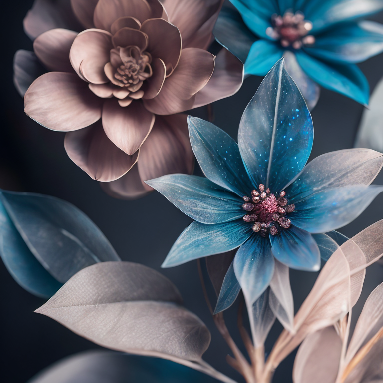 abstract ethereal flowers with blue and pink glass petals and metal leaves, 8k, uhd, intricate, highly detailed, sharp focus