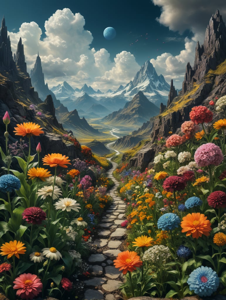 landscape with flowers, , surreal collage, collage artwork, collage art, art deco nature, official artwork, a contemporary artistic collage