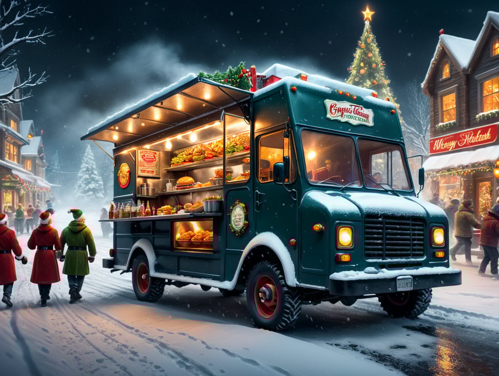 A food truck in Christmas card illustration style plowing through snow