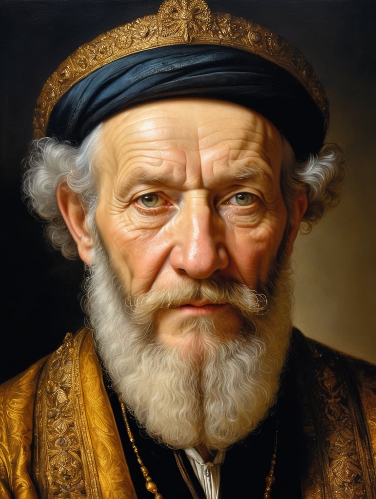 A masterpiece painting by Rembrandt Van Rijn, a hiper-detailed portrait of an old man, intrincate beard details, extremely beautiful clothing, gold, reflects, masterpiece composition, golden ratio composition, baroque illumination