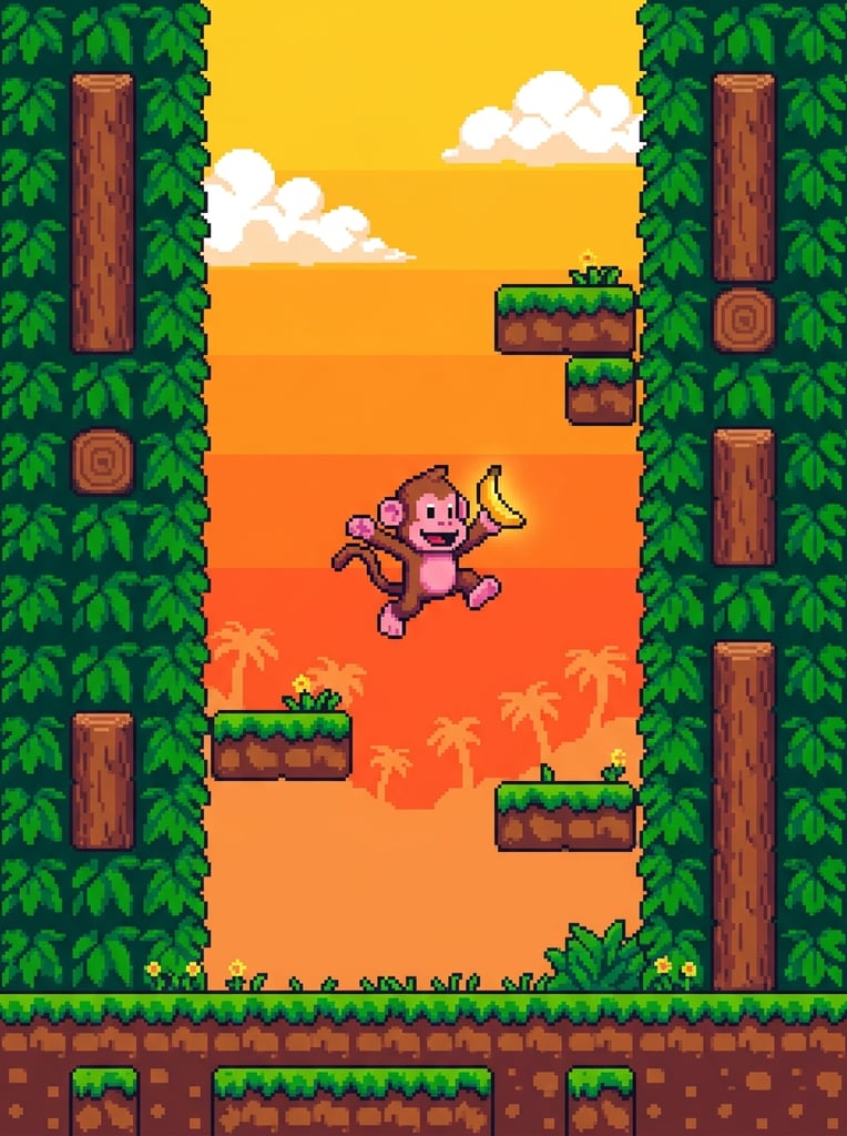 2D pixel art of a small brown and pink monkey character in mid-air, positioned between vertical green foliage walls with embedded brown wooden logs, flat grassy platforms, blocky brown dirt and grass ground, bright orange to yellow gradient sky background, fluffy white pixelated clouds, distant stylized trees, retro video game aesthetic, vibrant colors