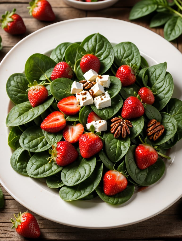 Spinach and Strawberry Salad, small plate on a wooden table, Description: A sweet and savory combination of fresh baby spinach, ripe strawberries, goat cheese, and candied pecans, often served with a balsamic vinaigrette.