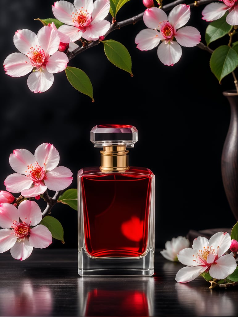 professional photography of a luxury perfume bottle on a black wooden desk, red satin scarf and sakura blossom in the background, no label, clear, mockup