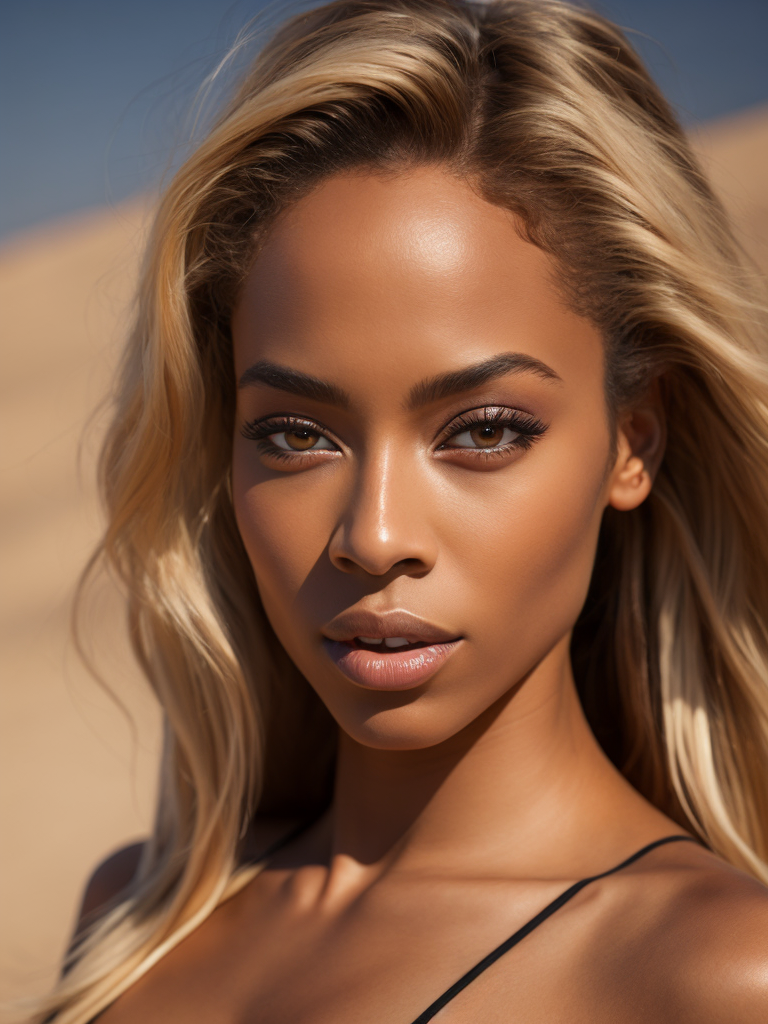Portrait of Beyoncéz, chrome swimsuit, bright and saturated colors, elegant, highly detailed, vogue, fashion magazine, sharp focus, Depth of field, Incredibly high detailed, against the backdrop of sand dunes,