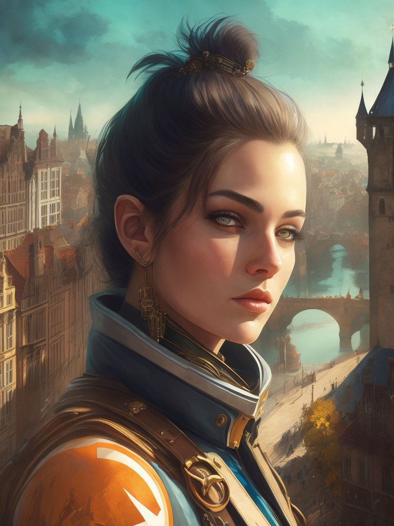 Bird's eye view of Prague, overlooking the river and castles. A steampunk style airship in the foreground. Bright sunny day, rich colors. Rays of the sun.Highly detailed architectural details. Bright lighting, sharp details