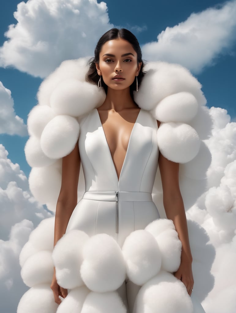 Minimalist haute couture portrait hispanic model close-up hirsute fashions yogic junction vogue abstract editorial album cover shot floating in fluffy clouds