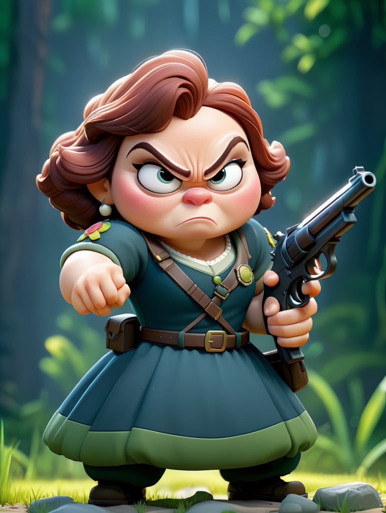 grumpy dwarf of snow white in a swat dress, pointing with a gun, cartoon style