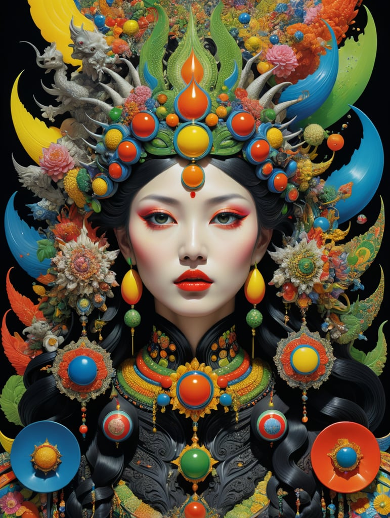 goddess of avarice, gorgeous stunning pop-art collage by Yoh Nagao and Ken Price and Erik Madigan Heck