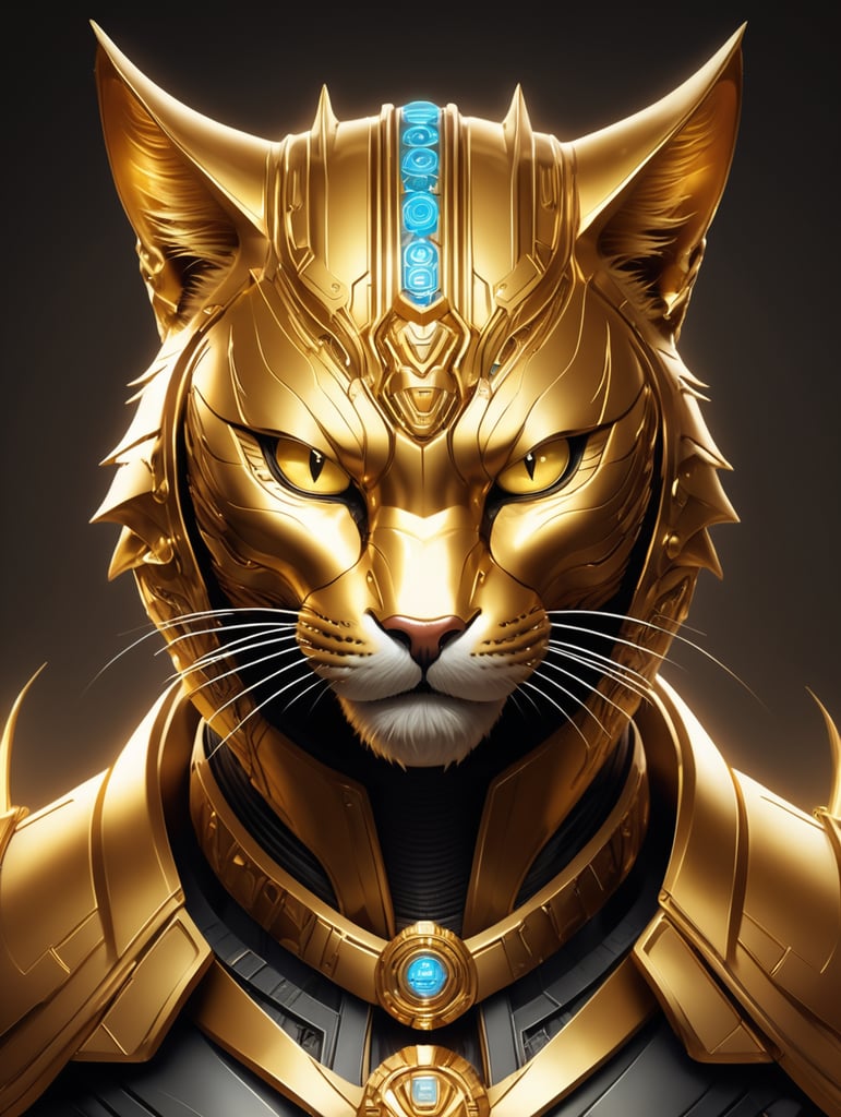 Golden Cyber Cat, Various style (make it more mystery, angry, villian vibe)