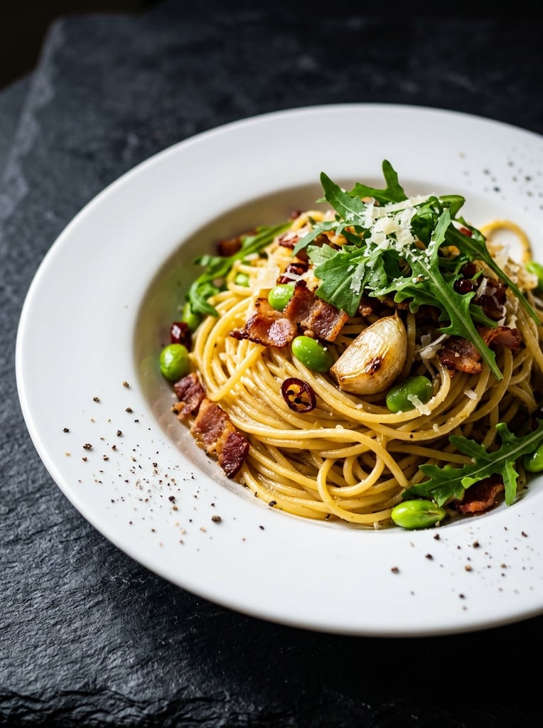 A high-contrast close-up of glossy spaghetti in a wide-rimmed white plate resting on a dark, textured slate surface. The golden pasta is tossed with crispy bacon bits, bright green edamame, and a roasted garlic clove, garnished with jagged fresh arugula leaves. Scattered coarse black pepper flakes dot the pristine white rim. Crisp directional lighting highlights the oily sheen of the noodles against the moody, expansive negative space of the dark table below.