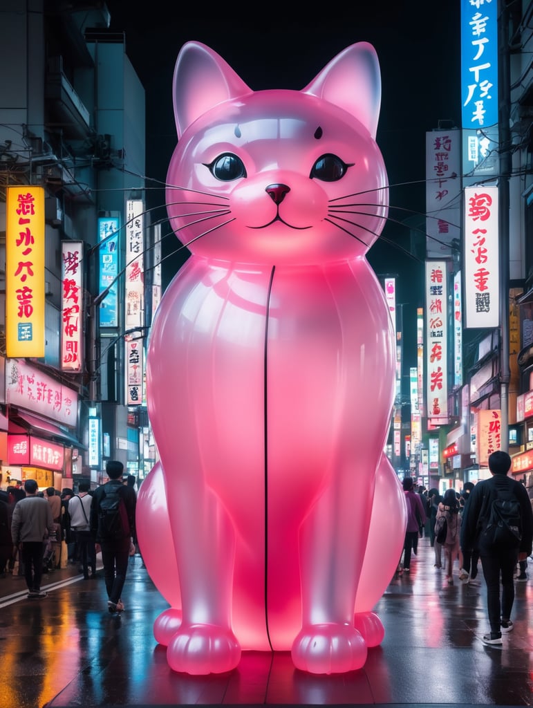 A giant Japanese gummy cat, translucent, 4 stories tall, walking through Tokyo at night, neon rainy city, cyberpunk, techno city