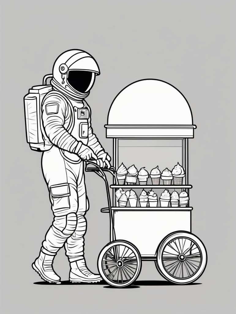 an astronaut pushing a small ice-cream cart, in the style of simple line art vector comic art on white background