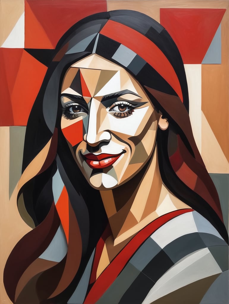 Woman Portrait Cubism Pablo Picasso Style,with blindfold, red and black long hair، smile