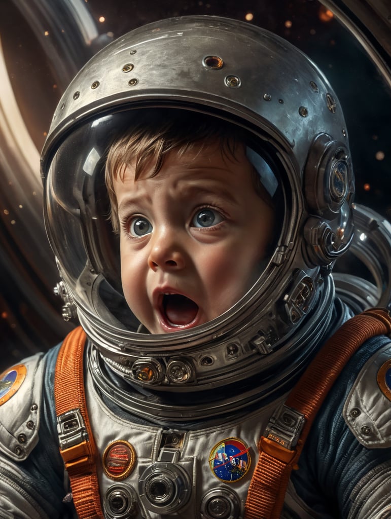 a child in a space suit with a surprised look on his face
