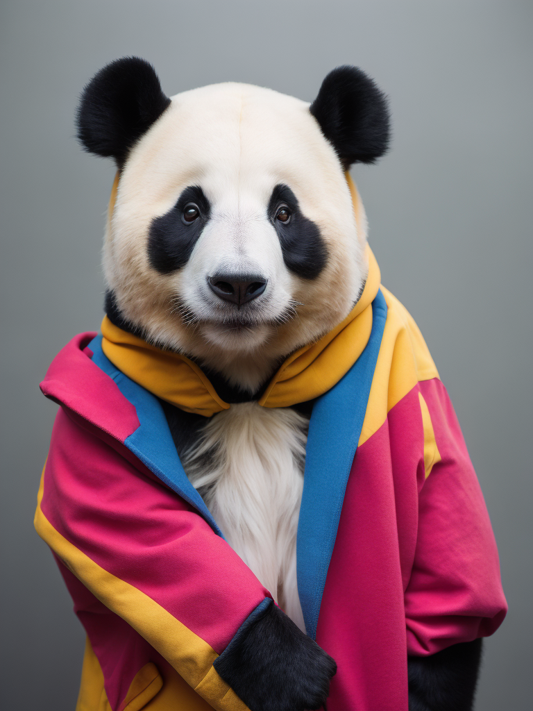 Portrait of a panda dressed in a colorful oversized jacket, Vivid saturated colors, Contrast color, studio photo, professional photo, Rich colors, Detailed image, detailed face