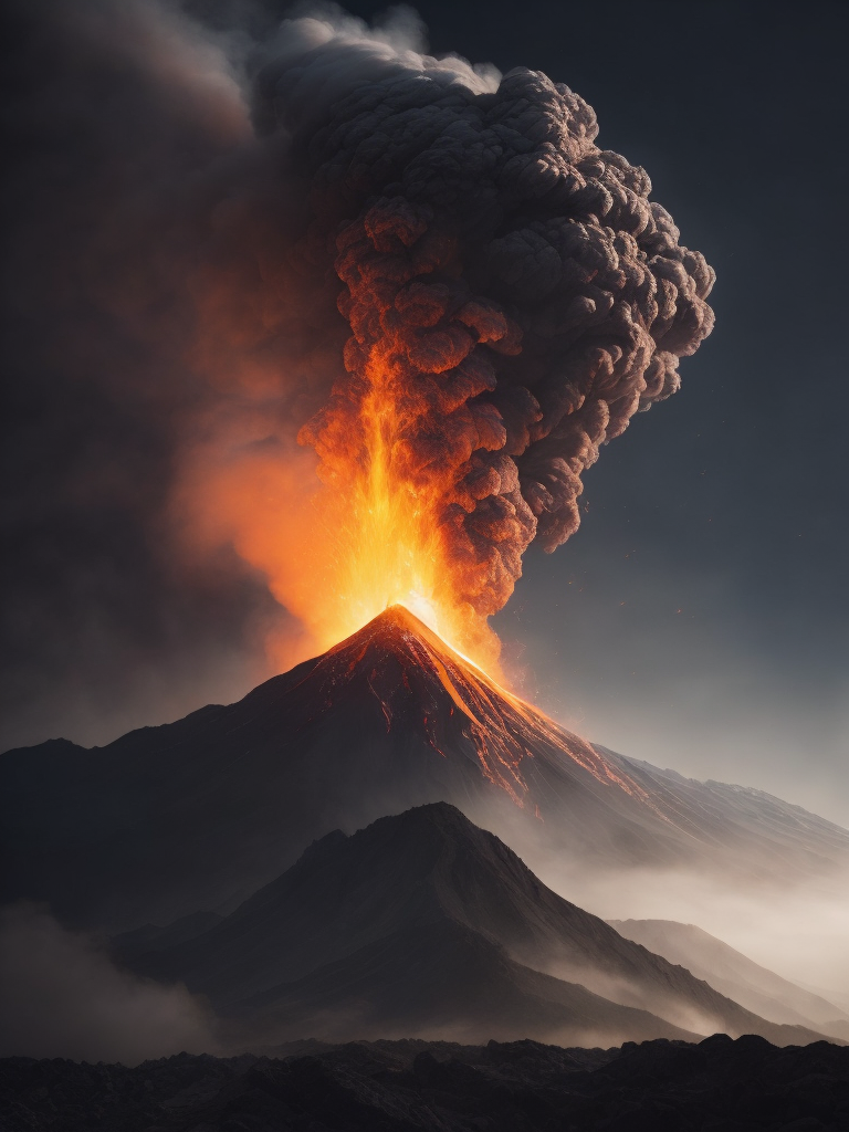 The image of a volcano erupting into the sky, a large mountain, black smoke, flowing lava, high quality details