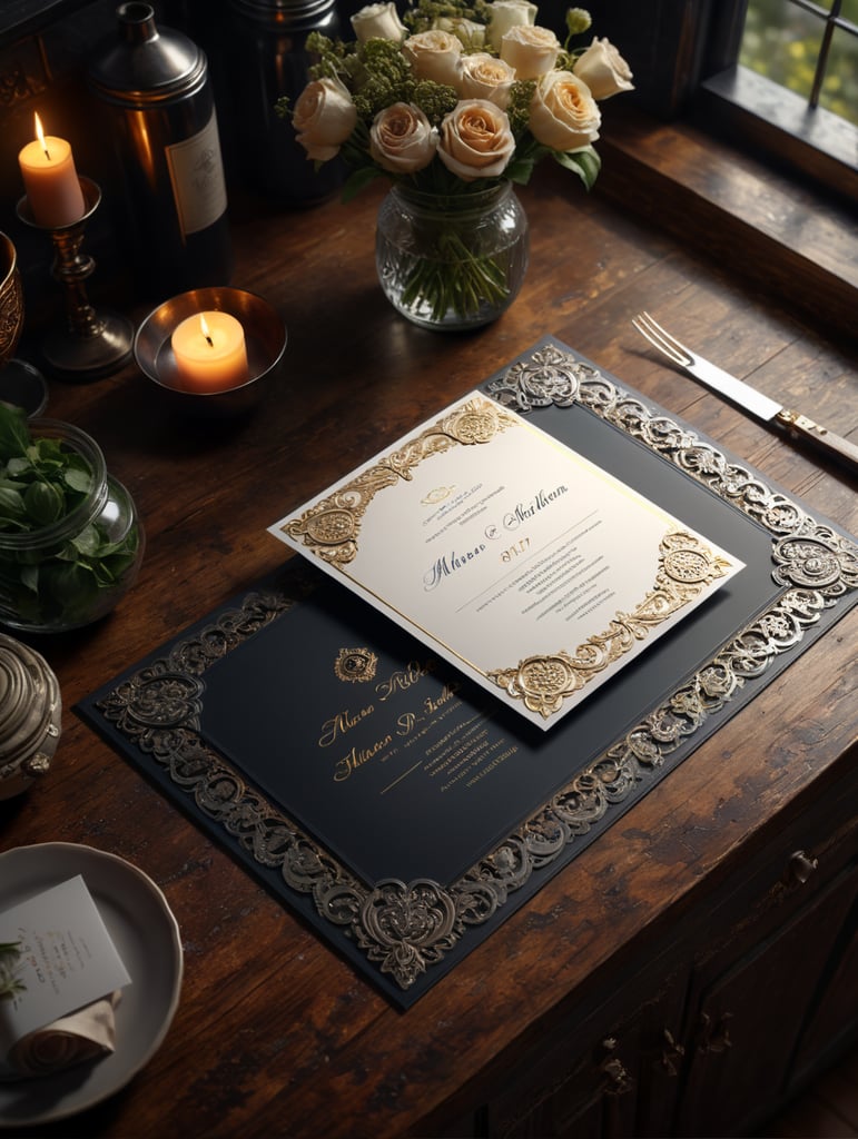 wedding invitation on the kitchen bench. nice moody light